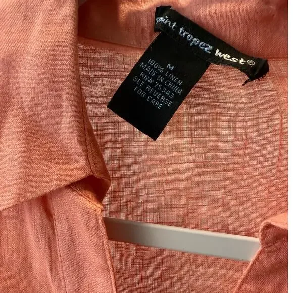 St. Tropez West Medium 100% Linen Button Top Blouse Women Shirt Orange Peach - Picture 4 of 4